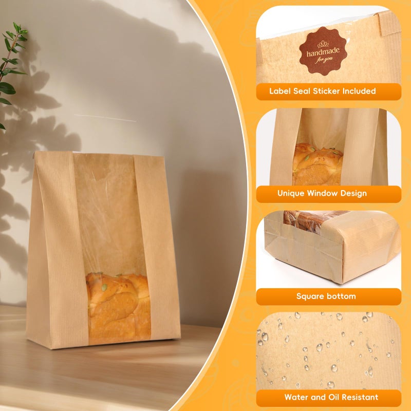 Funcoo 60 pcs Bread Bags for Homemade Bread Paper Sourdough Bread Bakery Storage Bags with Window, Large Bakery Bread Loaf Bags for Baked Goods Packaging, Label Seal sticker included - Image 3
